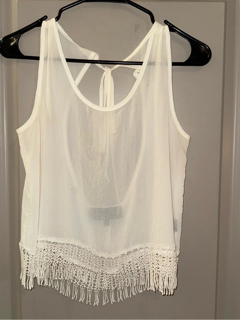 Dress the Population Sheer Cream Crochet Fringe Tank Top